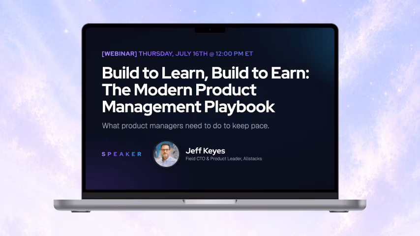 Laptop screen showing webinar titled Build to Learn, Build to Earn by Jeff Keyes on product management.