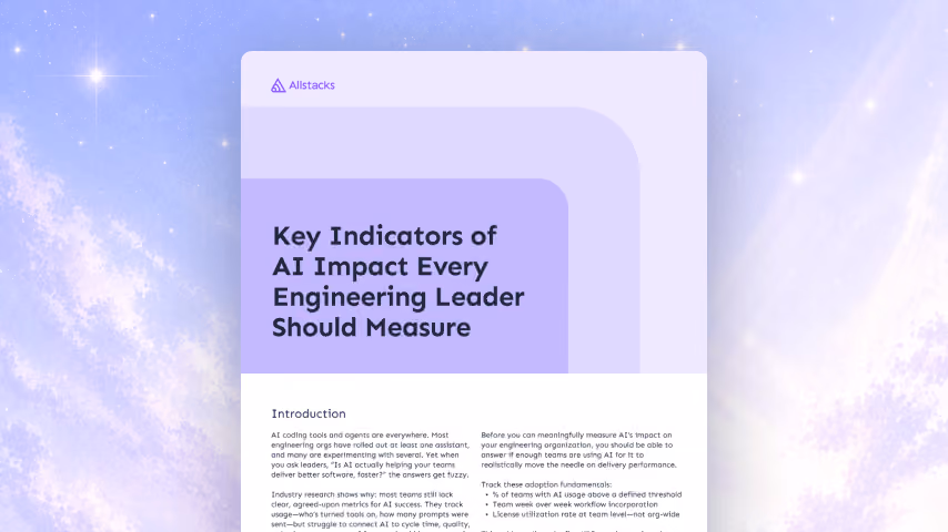 Cover page titled 'Key Indicators of AI Impact Every Engineering Leader Should Measure' with Allstacks branding.