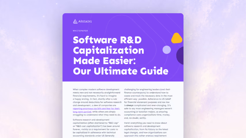 Guide titled Software R&D Capitalization Made Easier with detailed text under a purple header.