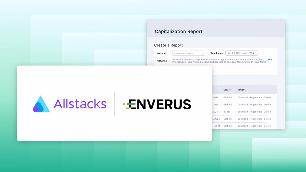 Allstacks and Enverus logos side by side over a green gradient background with report screenshots behind.