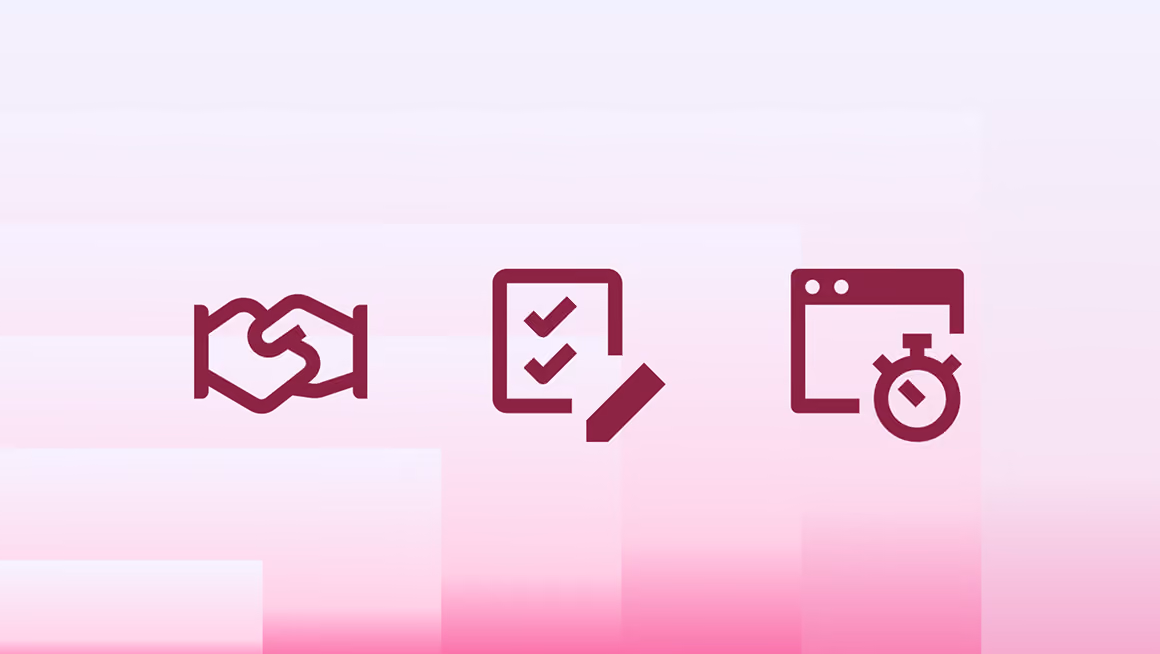 Icons of handshake, checklist with pencil, and web browser with stopwatch on pink gradient background.