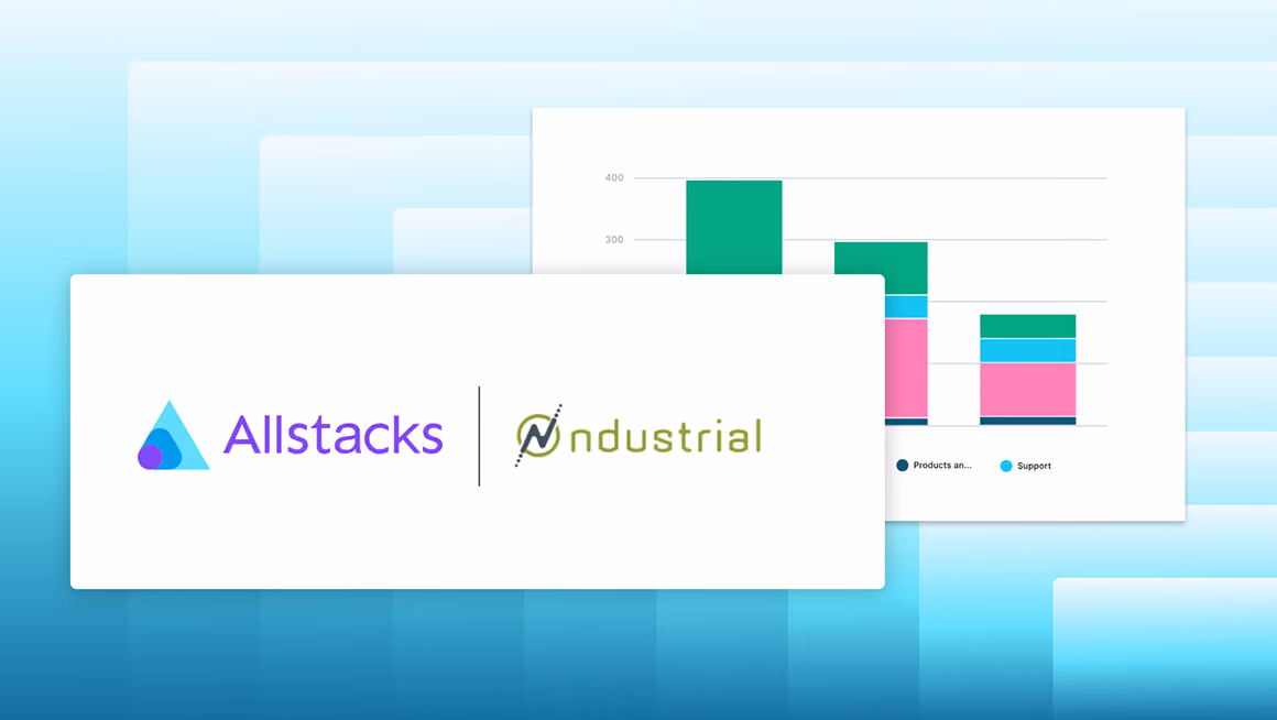 Logos of Allstacks and ndustrial with a partially visible bar chart background.
