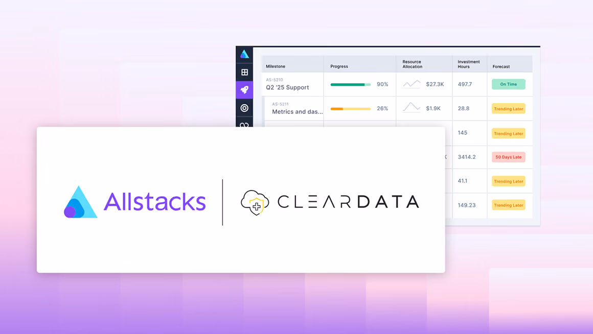 Allstacks and ClearDATA logos side by side on a white card over a blurred project dashboard background.