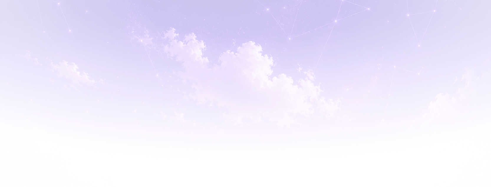 Light purple sky with white clouds and faint constellation star patterns.