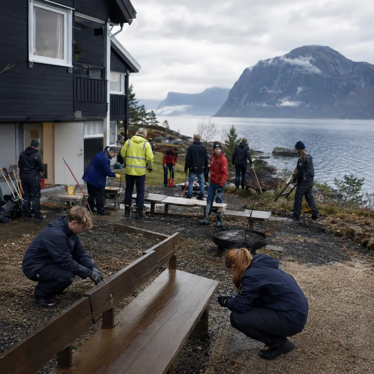 Frivillige arbeider sammen med å ruste opp en lokal møteplass ved kysten.
