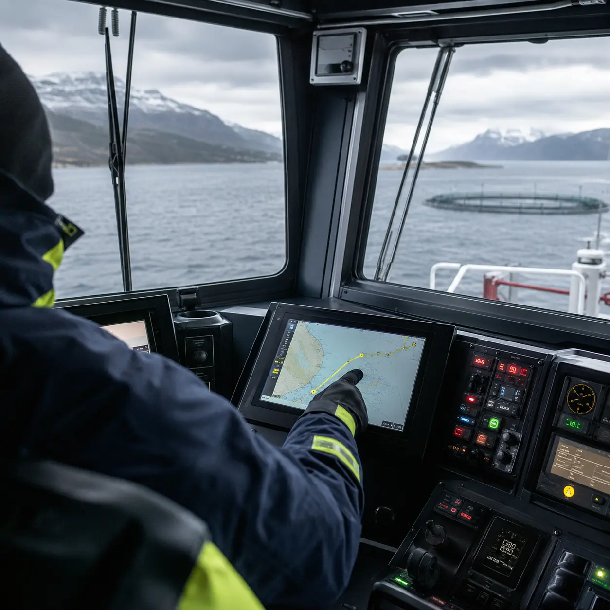 Mannskap planlegger en effektiv seilingsrute i styrhuset på et servicefartøy