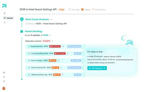 API issue dashboard showing five IDOR variants in hotel search settings with critical and high severity tags.