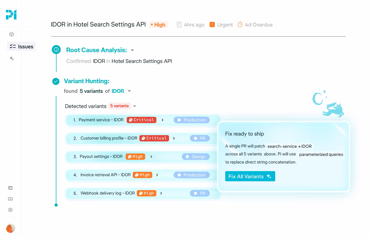 API issue dashboard showing five IDOR variants in hotel search settings with critical and high severity tags.