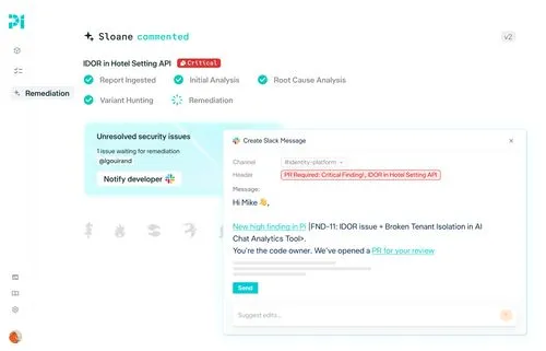Security issue IDOR in Hotel Setting API labeled critical with report status and Slack message draft to notify developer.