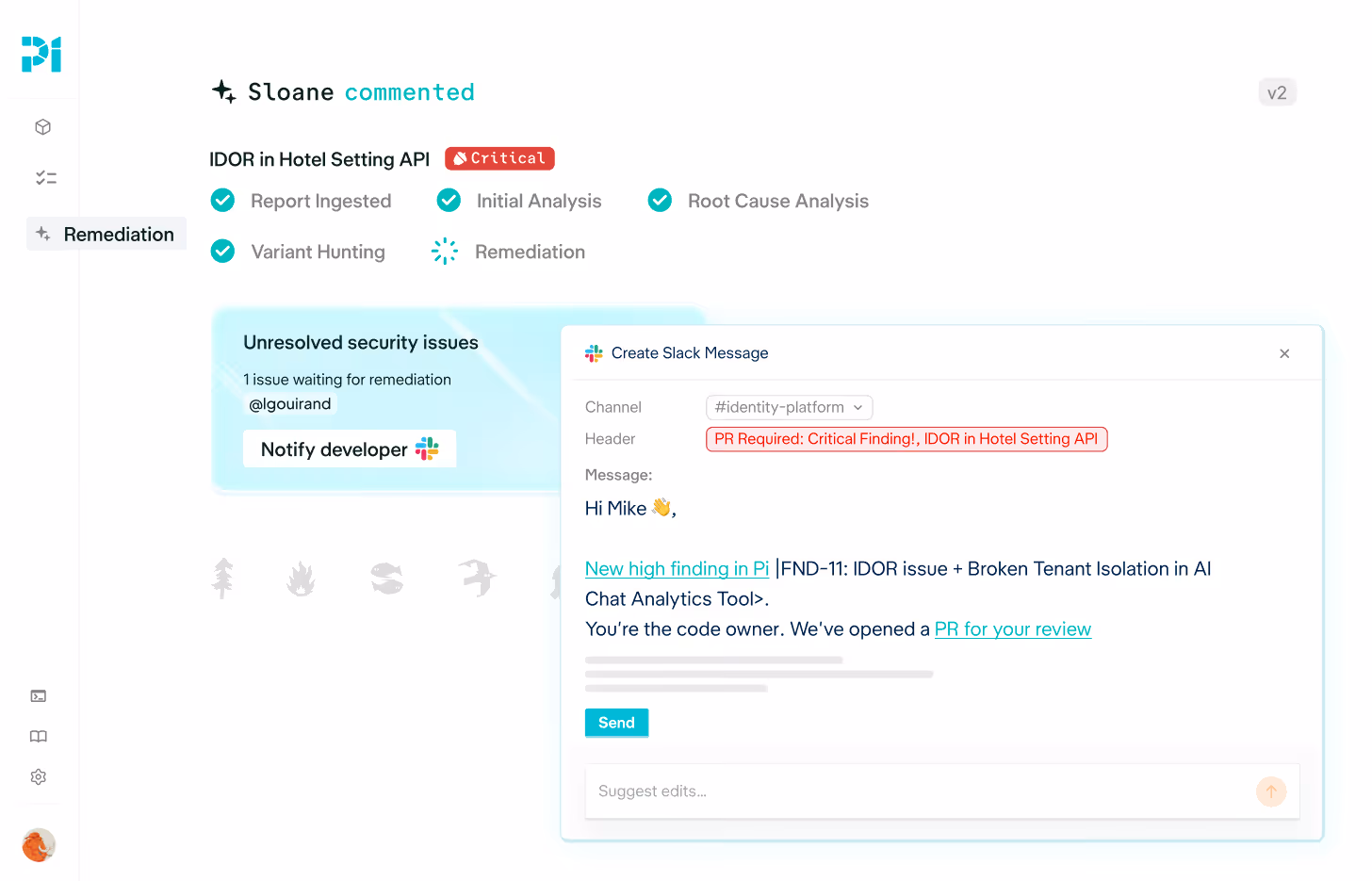 Security issue IDOR in Hotel Setting API labeled critical with report status and Slack message draft to notify developer.