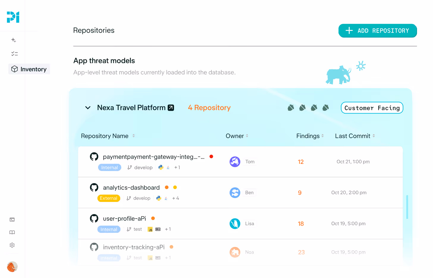 App threat models list with repositories, owners, findings, and last commit dates, plus Add Repository button.