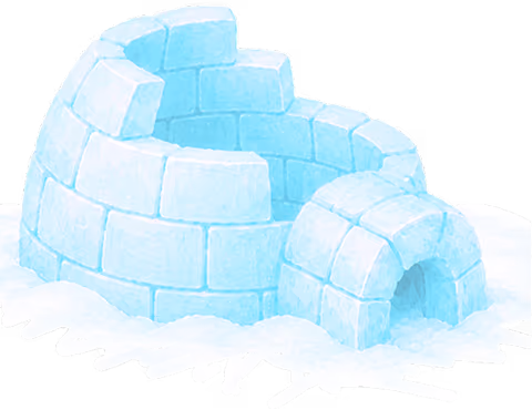 Small blue igloo made of ice blocks on a snowy surface.