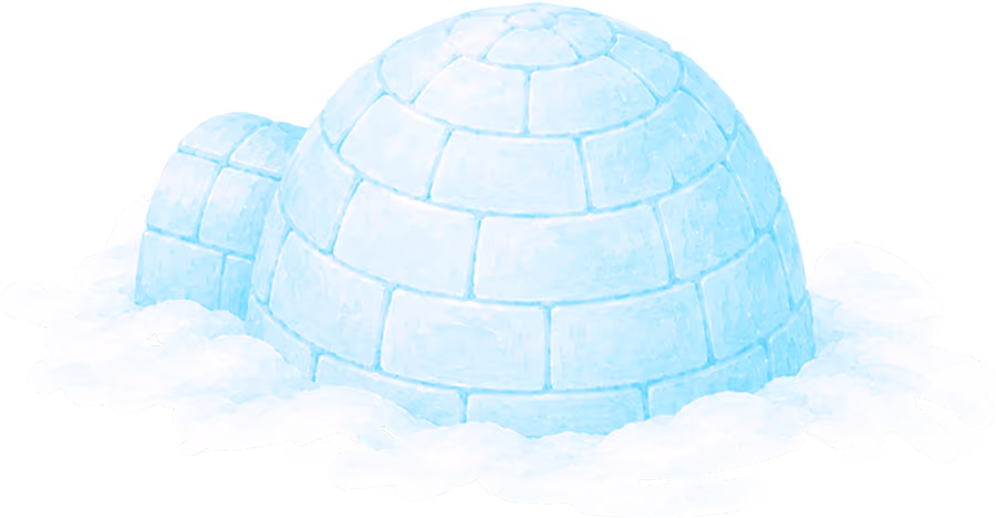 Two blue igloos made of ice blocks surrounded by snow on a transparent background.