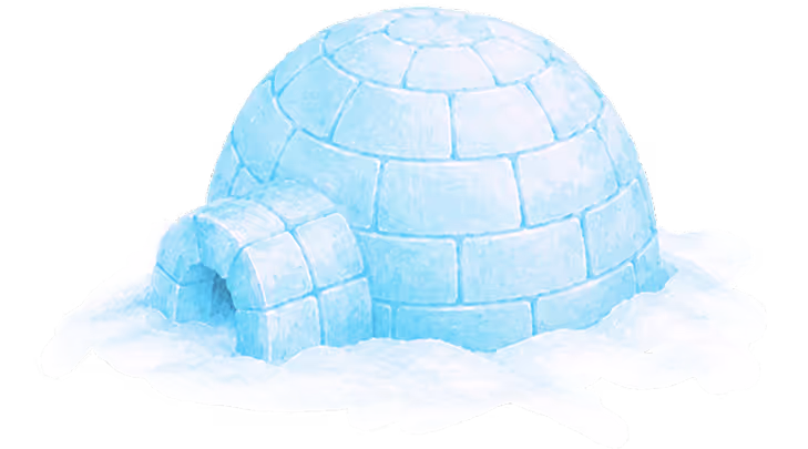 Blue and white igloo made of ice blocks surrounded by snow.