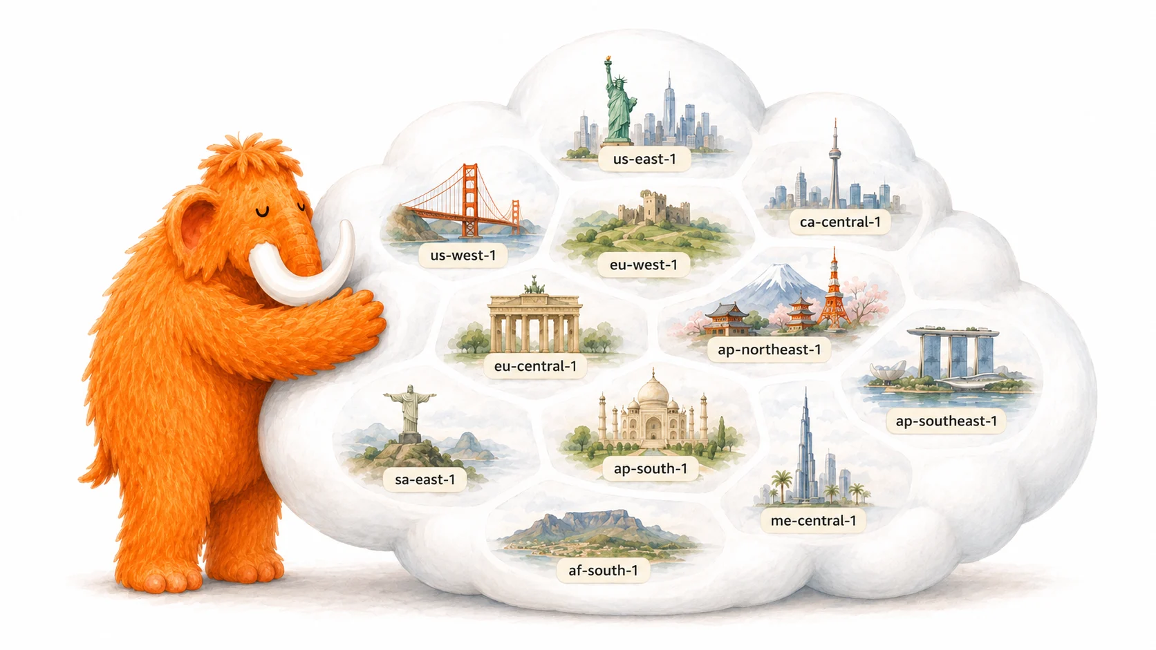 The Pi mammoth with its arms around a cloud divided into AWS regions, each cell labelled with a region code such as us-east-1, eu-west-1 and ap-northeast-1
