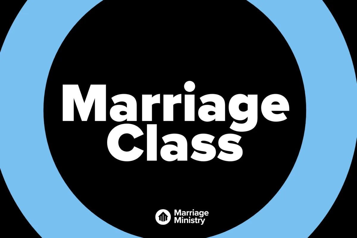 Graphic with white text Marriage Class inside a blue circle on a black background.