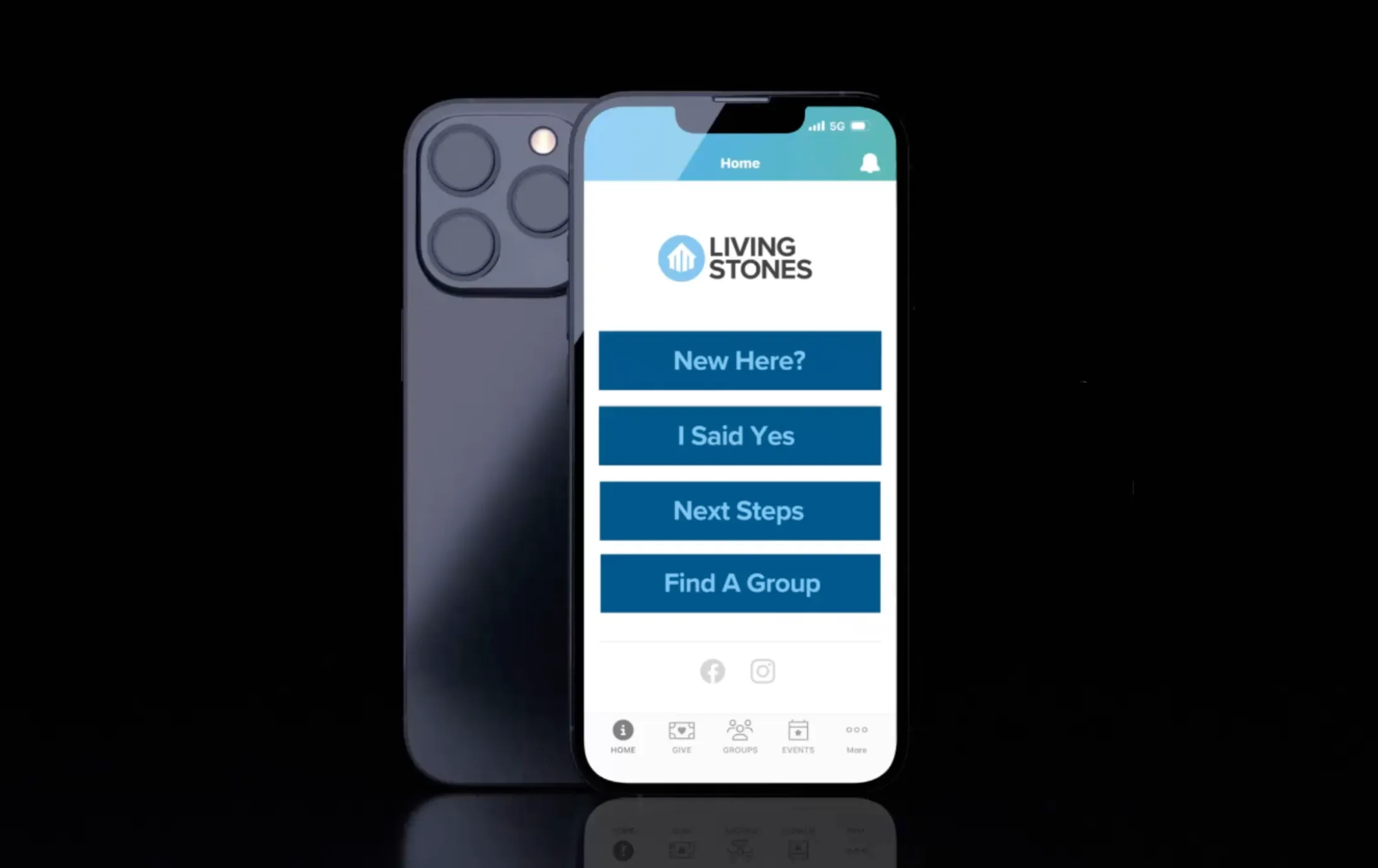 Smartphone displaying Living Stones app with buttons: New Here?, I Said Yes, Next Steps, Find A Group.