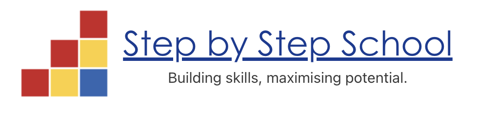 Step by Step School logo with colorful blocks and the tagline Building skills, maximising potential.
