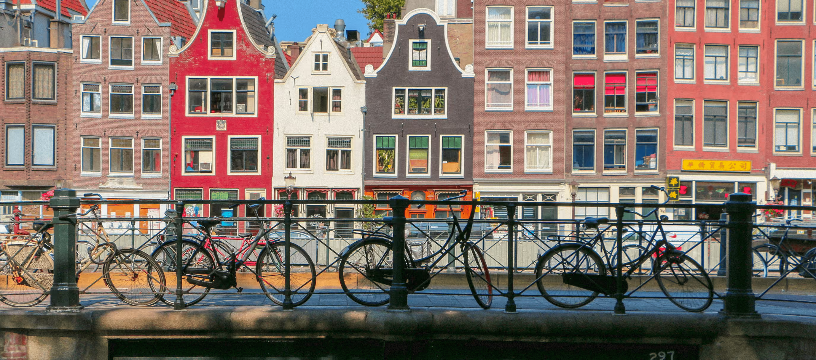 A row of bikes in front of houses in Amsterdam