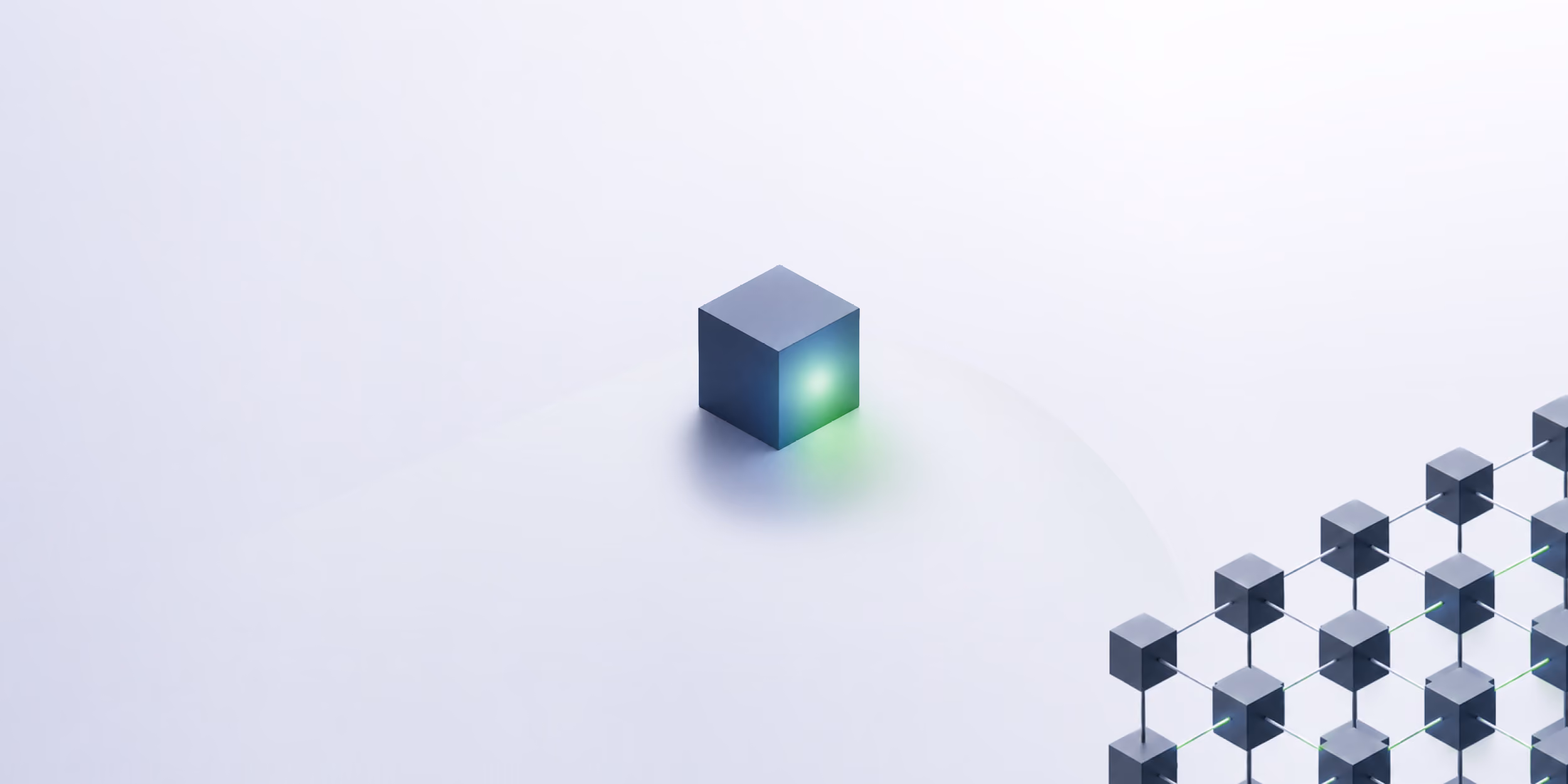 Cube with a green glow with 3 rows of smaller cubes at the bottom right