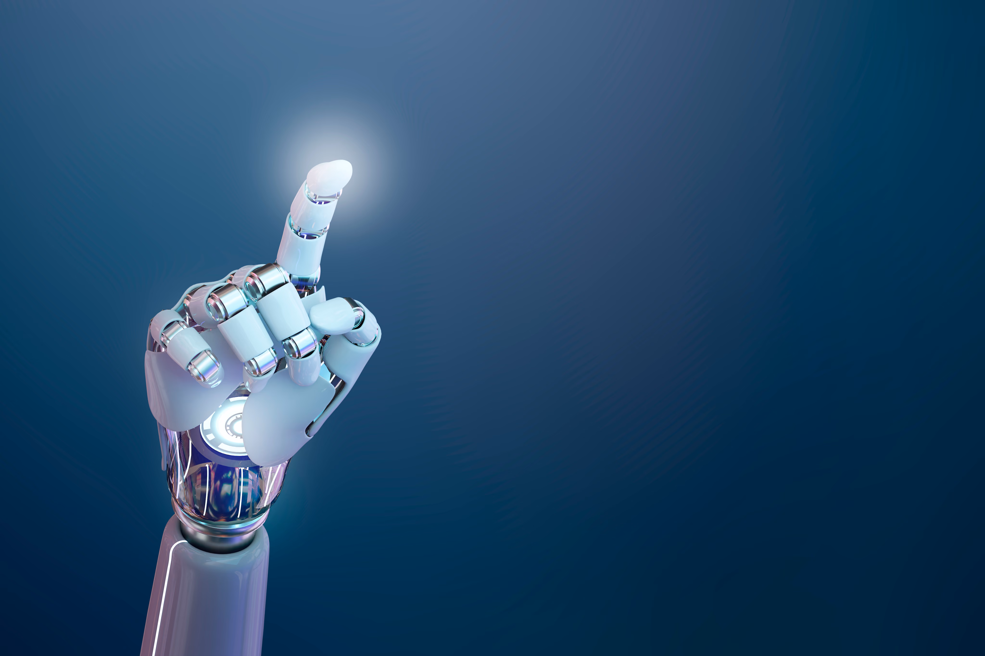 A robot arm with a finger pointed towards the sky