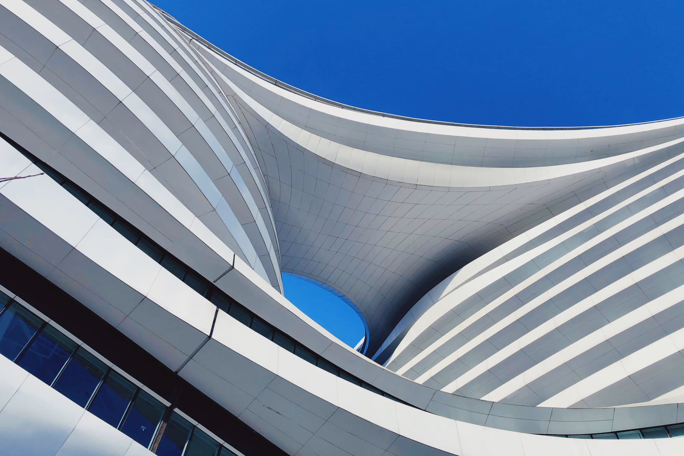 Curvy interconnected building close up