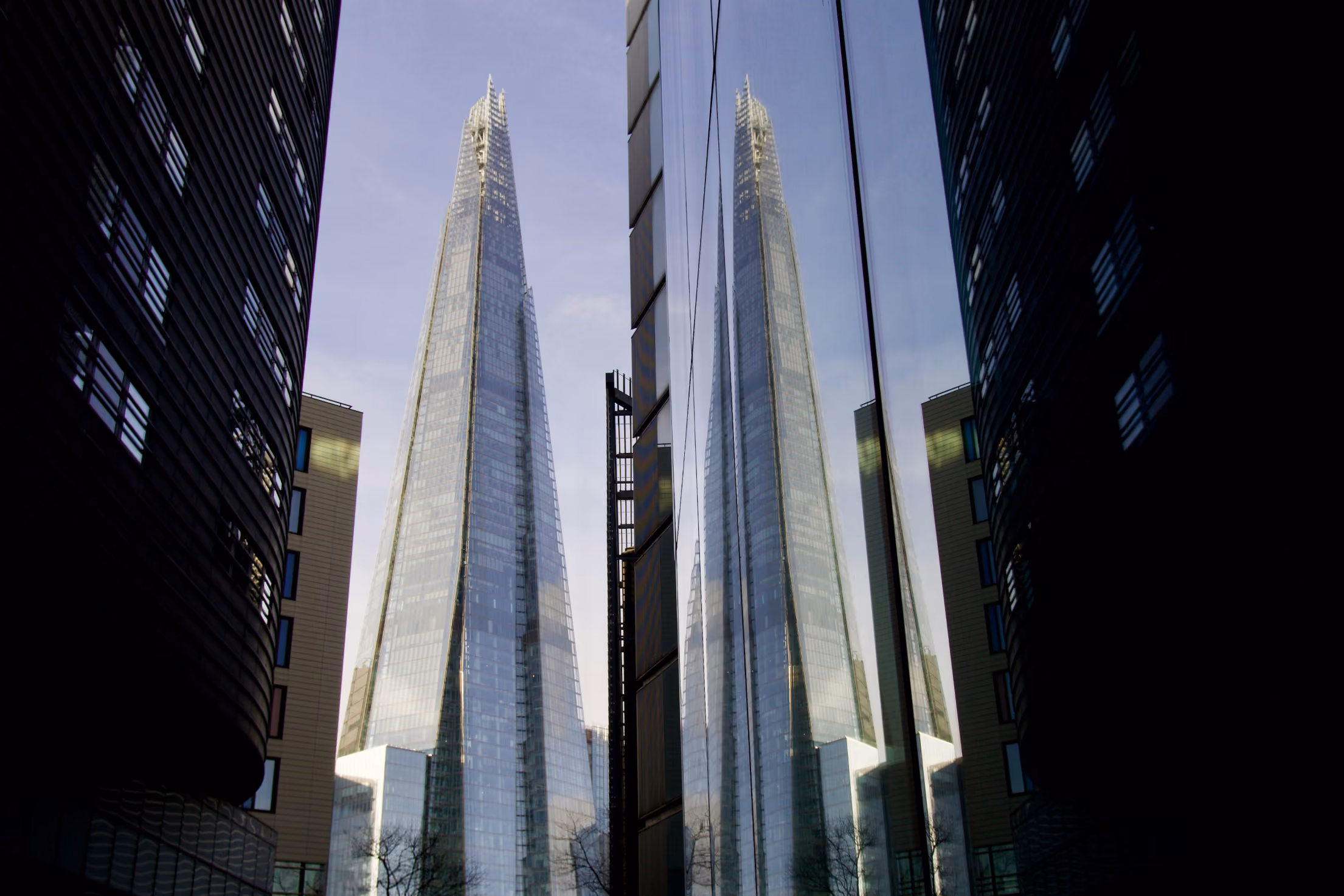 Mirrored shot of highrise buildings