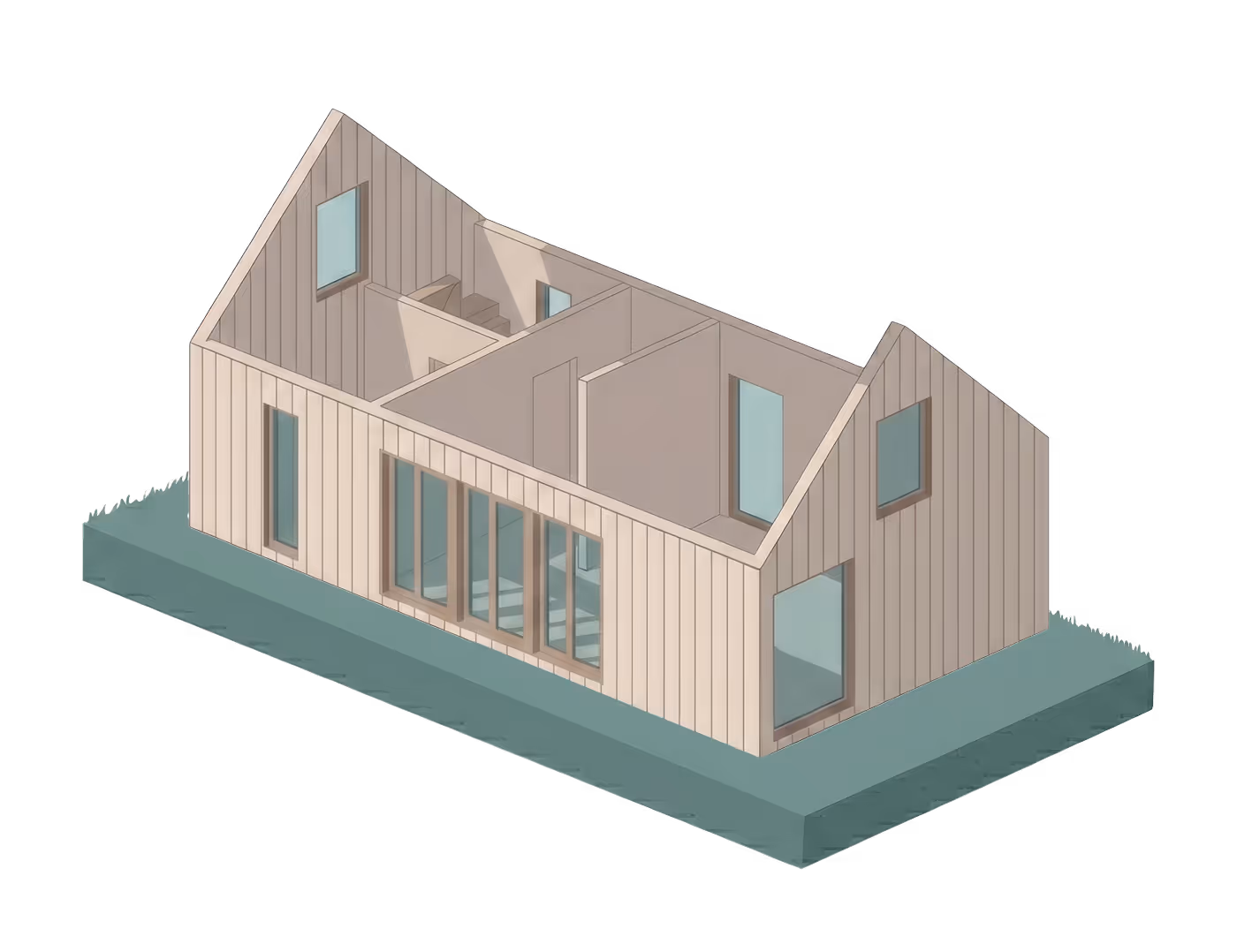 Isometrisches Modell eines Hauses mit großen Fenstern und offenem Innenraum auf grünem Untergrund.