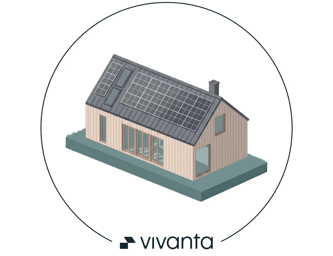 Modern house with solar panels on a dark roof and large windows on light wooden walls.