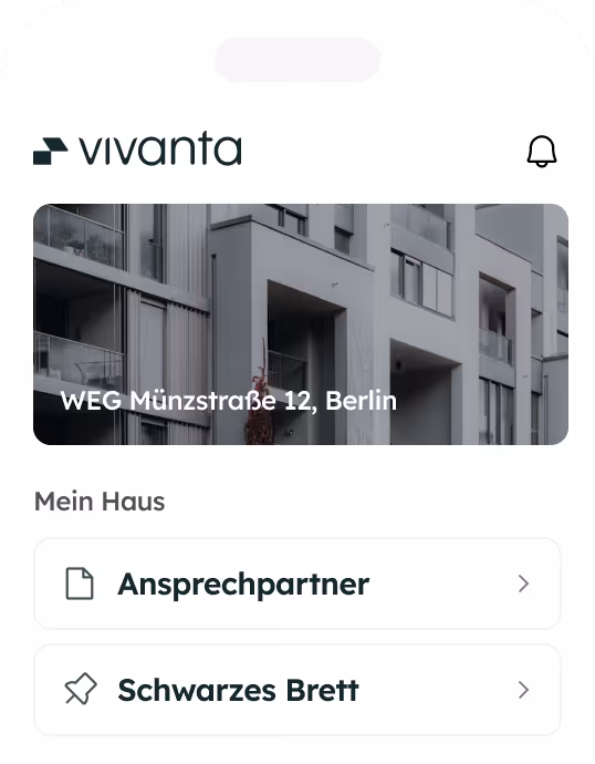 App screen showing residential building image and menu options Ansprechpartner and Schwarzes Brett in German.