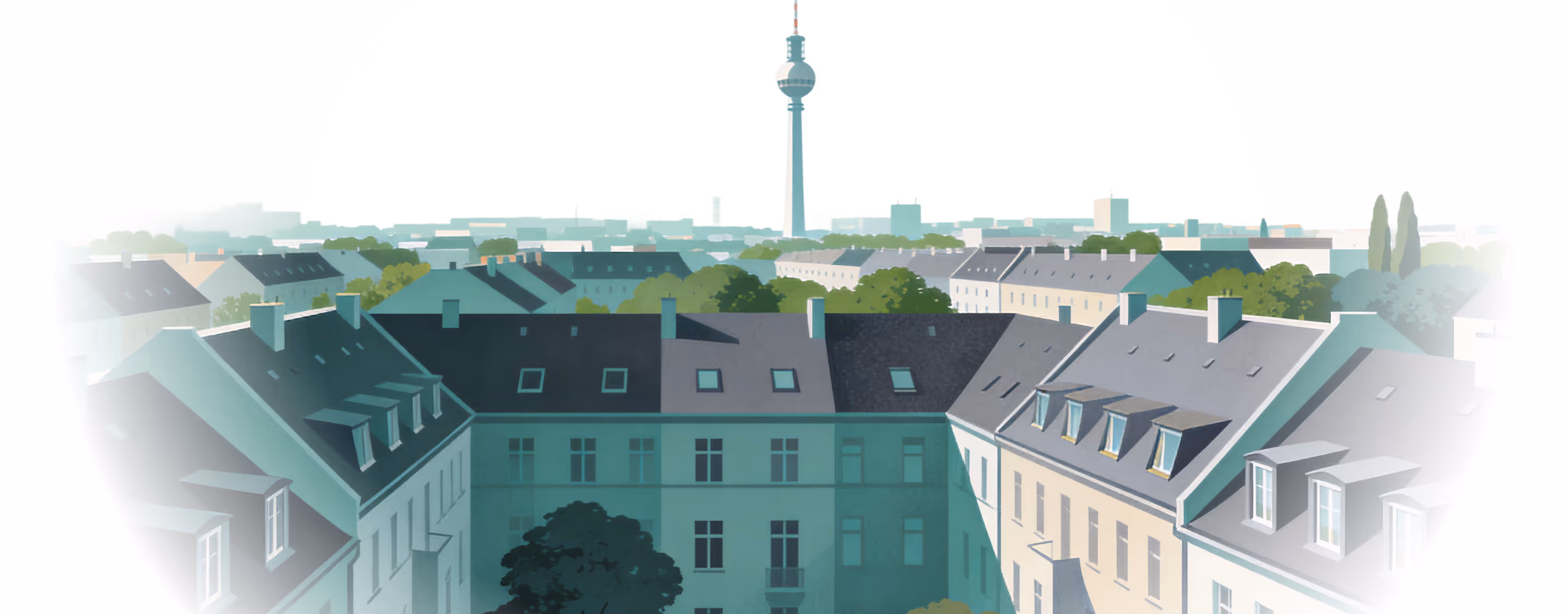Illustration eines Stadtpanoramas mit Wohngebäuden und Fernsehturm im Hintergrund.