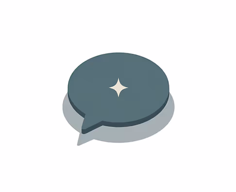 Grauer Sprechblasen-Chat-Button mit einem kleinen Stern in der Mitte auf weißem Hintergrund.