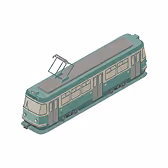 Isometrische Illustration einer grünen Straßenbahn mit Pantographen oben.