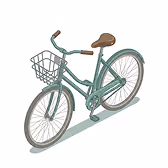 Grünes Fahrrad mit braunem Sattel und Vorderradkorb, Schatten darunter sichtbar.
