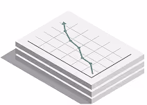 Stapel Papierblätter mit einem abwärts gerichteten Liniengraphen auf dem oberen Blatt.