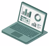Illustration eines Laptops mit Diagrammen zur Datenanalyse.