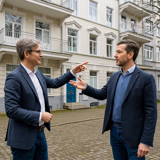 Zwei Männer in Anzügen sprechen draußen vor einem großen Haus mit Balkonen.