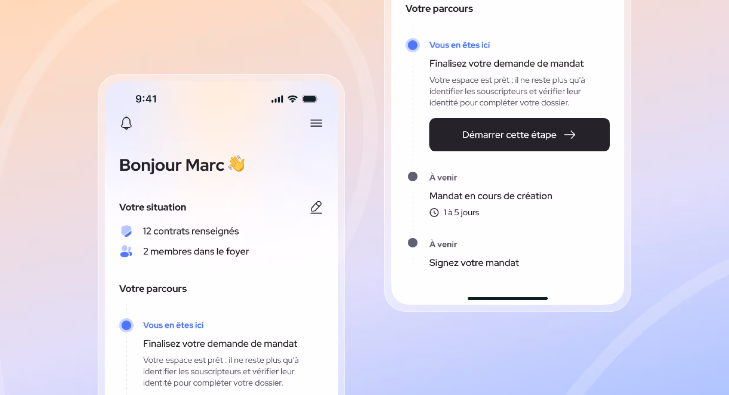 Écran d'application mobile en français montrant l'état d'avancement d'une demande de mandat pour Marc.