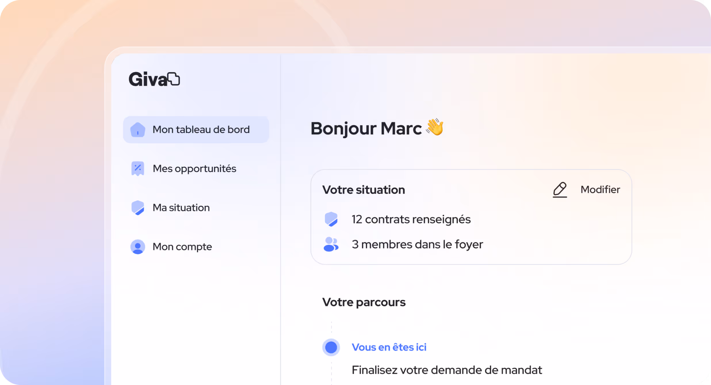 Tableau de bord Giva avec situation : 12 contrats, 3 membres, et progression de la demande de mandat.