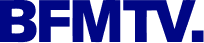 Logo BFM TV en bleu avec un point orange au-dessus de la lettre V.