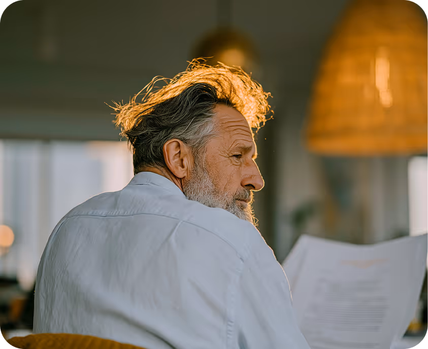 Homme âgé vu de dos, portant une chemise blanche, lisant un document dans un intérieur chaleureux éclairé par une lampe suspendue en osier.