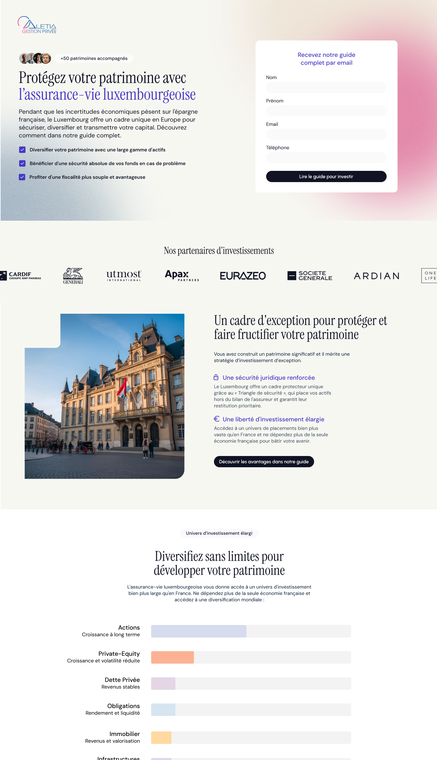 Maquette de la landing page conçue pour Aletia