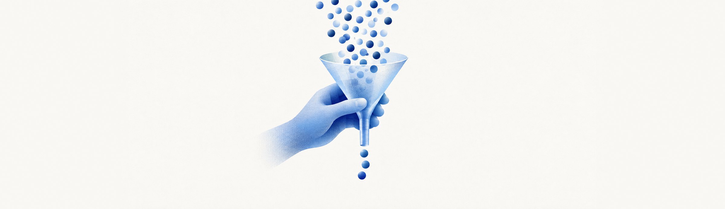 Illustration : un entonnoir tenu à la main, beaucoup de billes entrent et trois ressortent