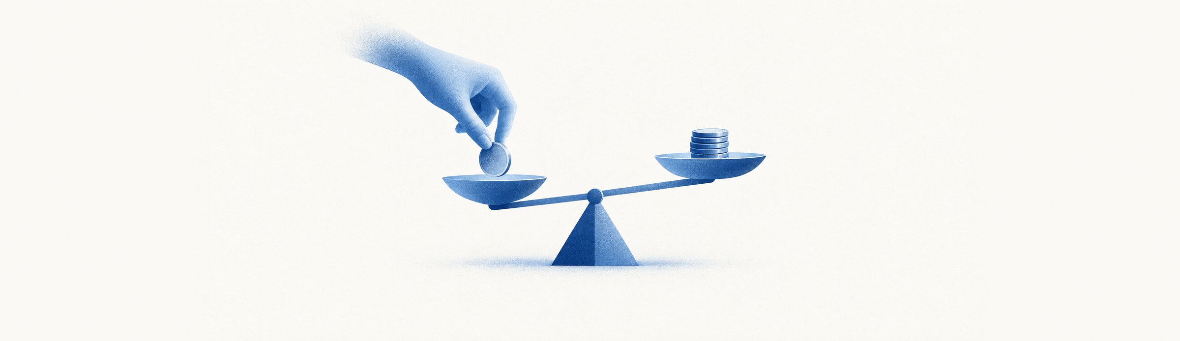 Illustration : une main pose une pièce sur une balance face à une pile de pièces