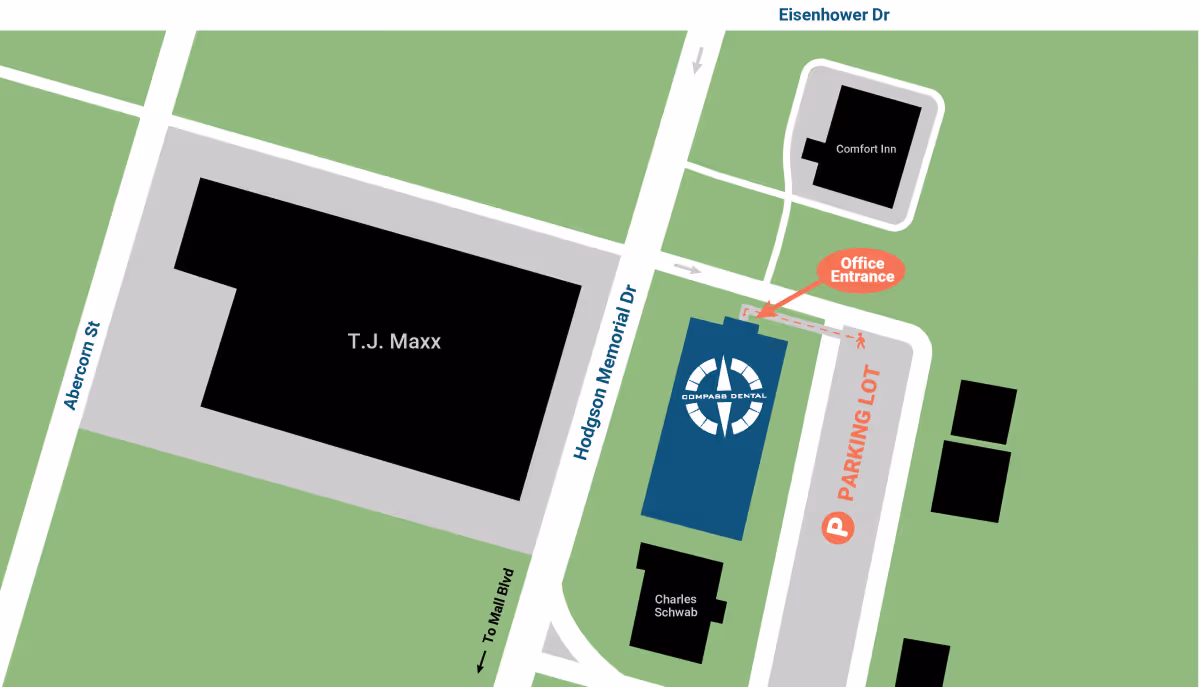 Map showing Compass Dental location near T.J. Maxx, Charles Schwab, Comfort Inn, with parking and office entrance.