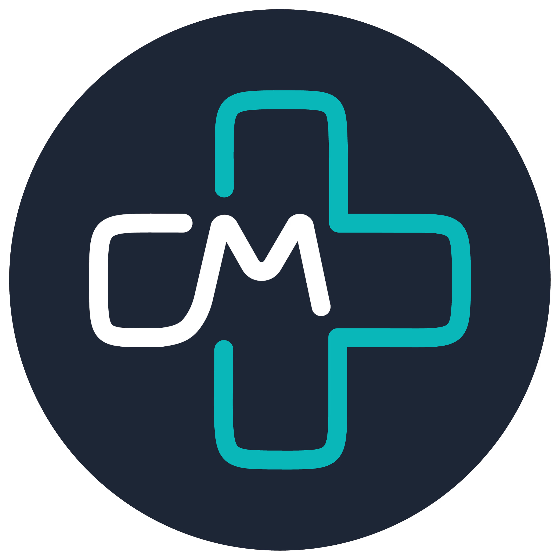 Logo mit einem stilisierten Pluszeichen in Türkis und schwarzen Buchstaben cm auf dunklem Kreis.