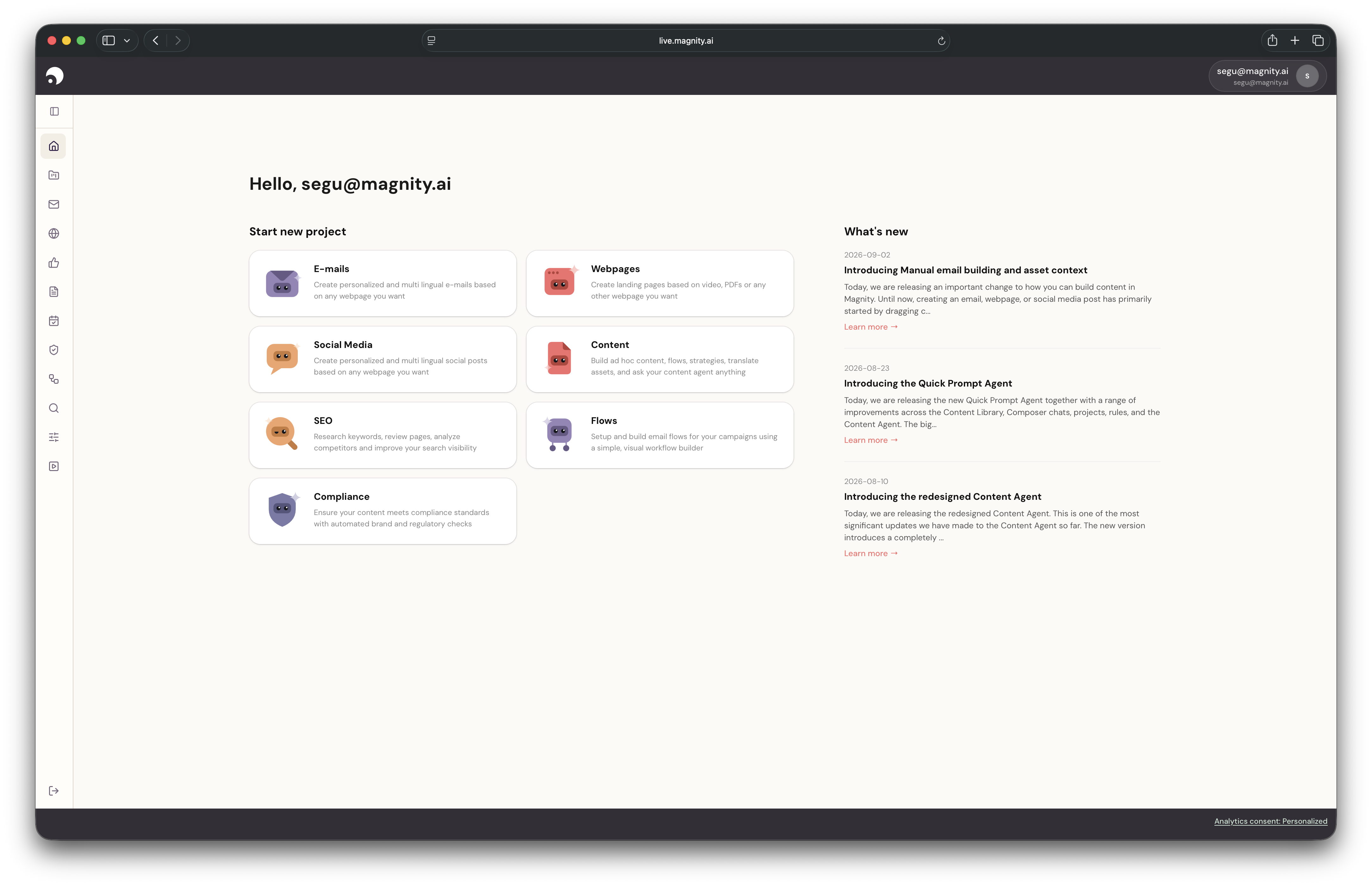 The Magnity workspace in the browser: start an email, webpage, social, content, SEO, flow or compliance project from one home screen.