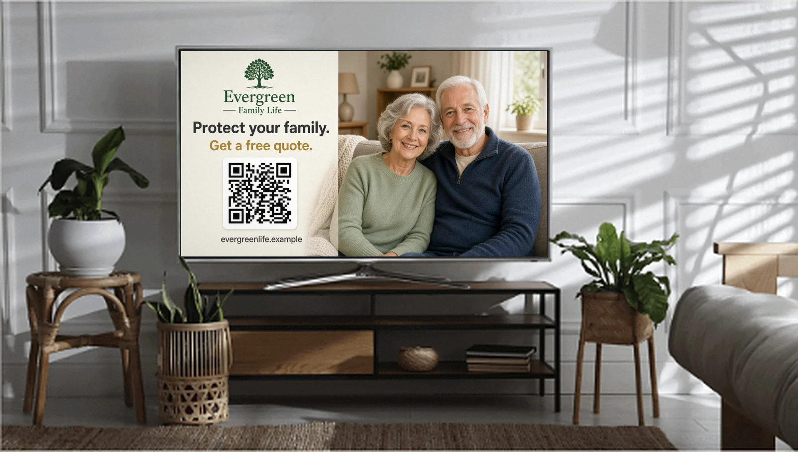 Streaming TV ad for a life insurance agency with a QR code, playing in a living room