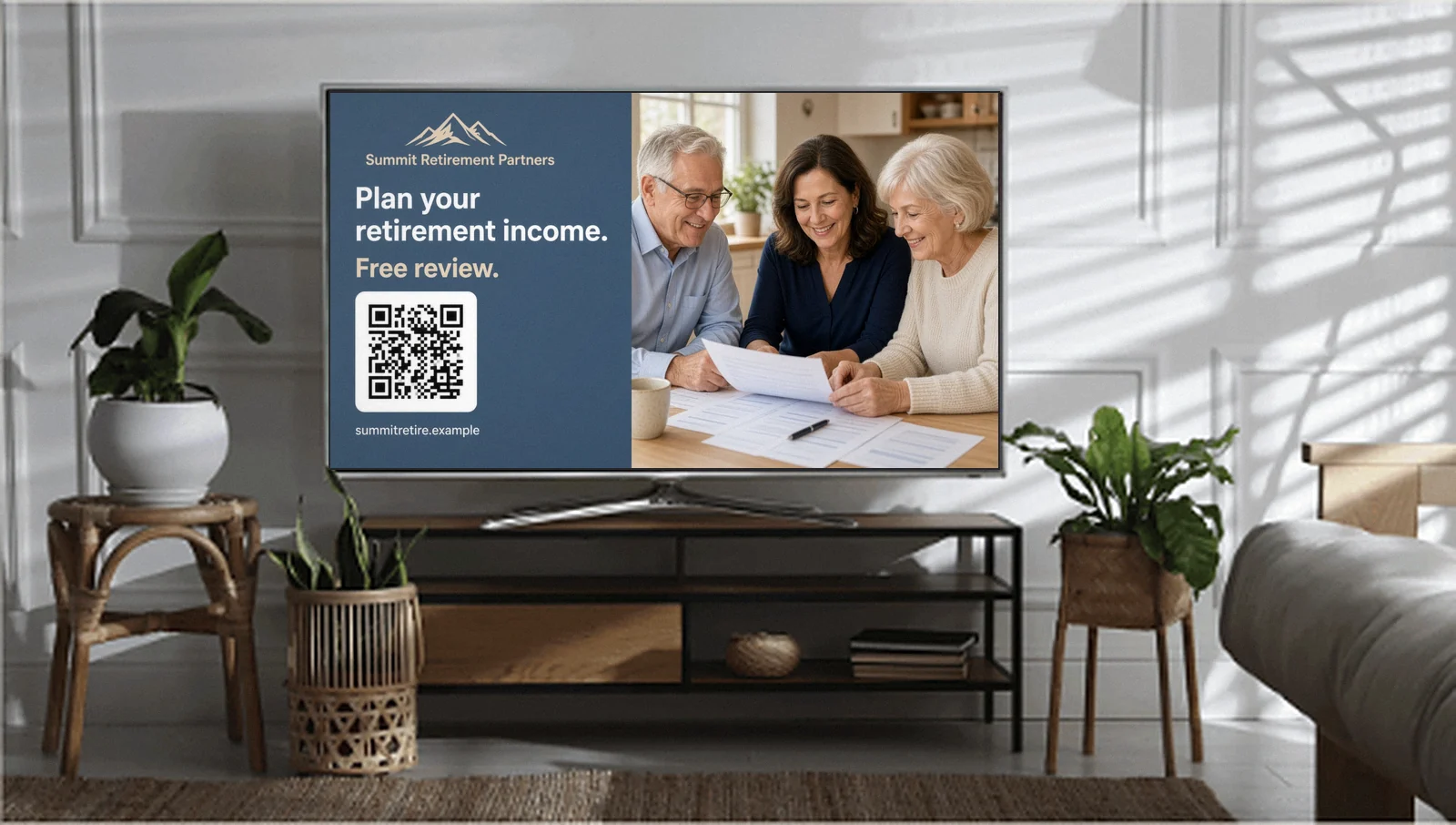 Streaming TV ad for a retirement advisor with a QR code, playing in a living room