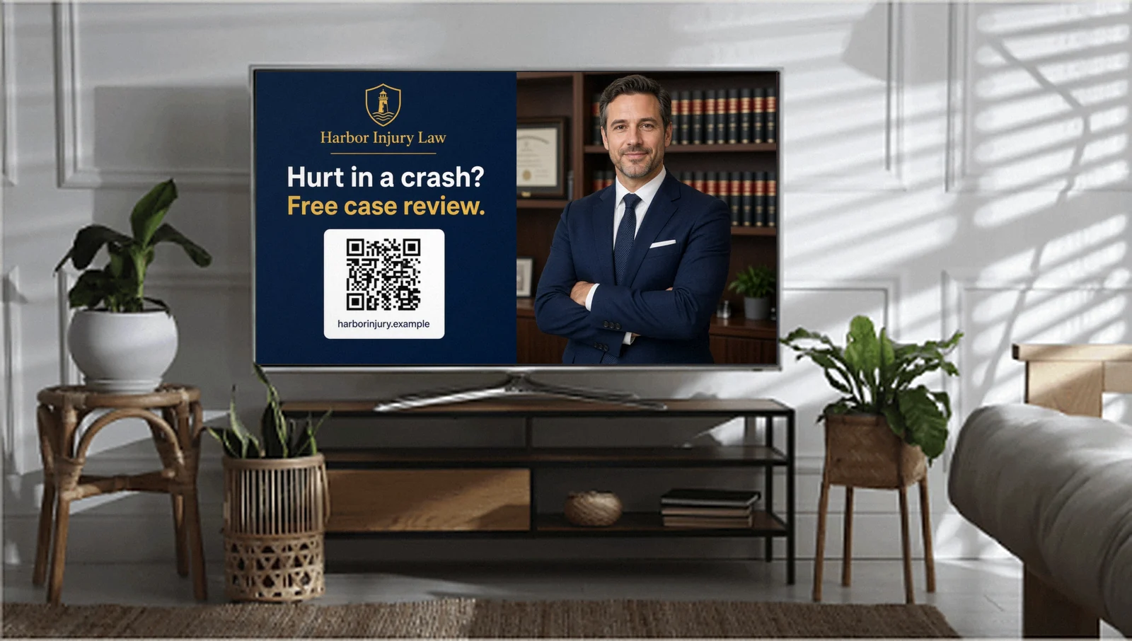 Streaming TV ad for a personal injury law firm with a QR code, playing in a living room